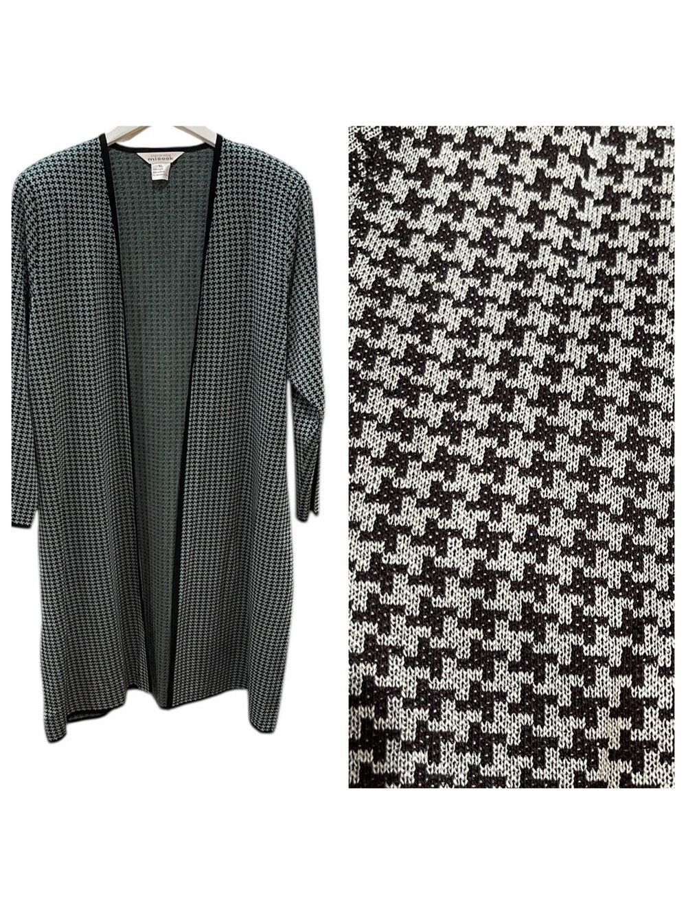 Misook Long Open Front Houndstooth Knit Cardigan Sweater Duster SZ XL Grey Black - Picture 1 of 9